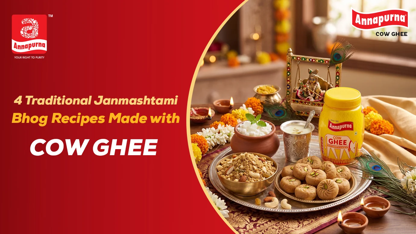 Janmashtami bhog platter featuring traditional sweets and snacks made with Annapurna Cow Ghee, decorated with flowers, diyas, and peacock feathers.