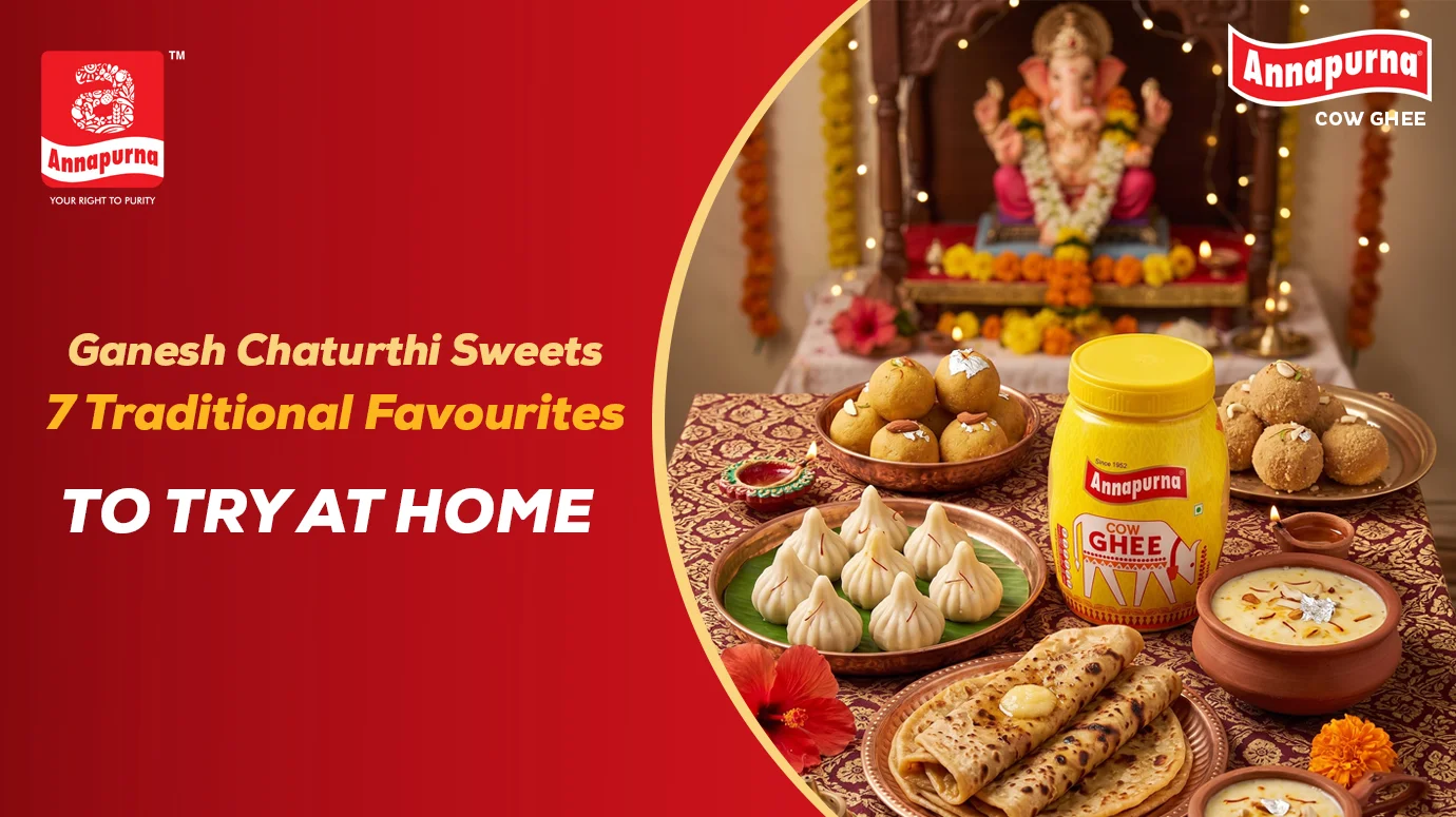 Ganesh Chaturthi sweets including modak, ladoo, puran poli and kheer with Annapurna Cow Ghee