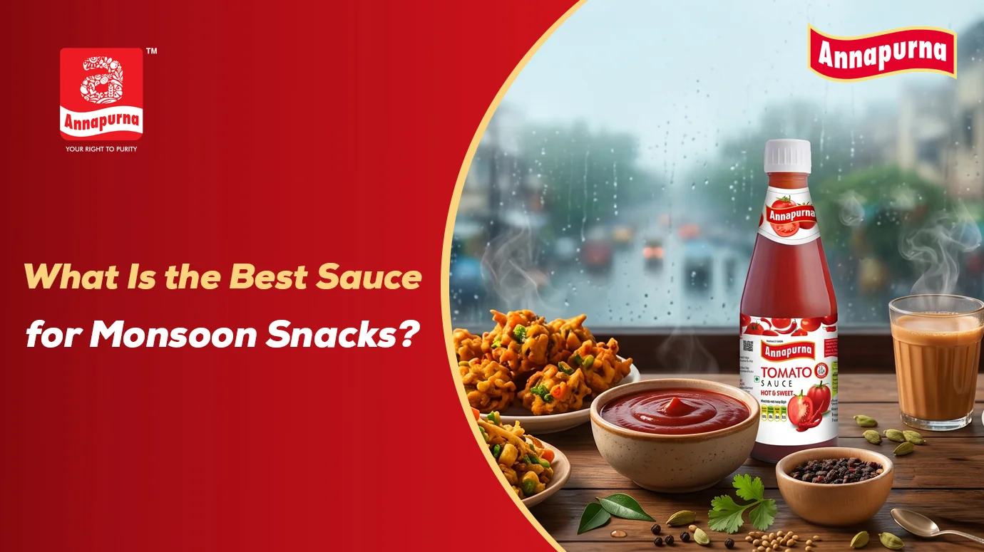 Annapurna Tomato Sauce with crispy monsoon snacks, tea, and a rainy window background