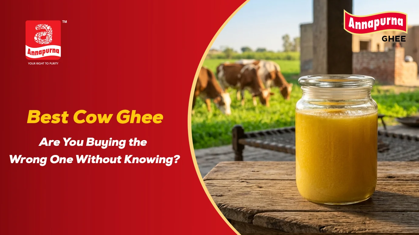 Jar of cow ghee placed on a wooden table with cows grazing in a green field in the background